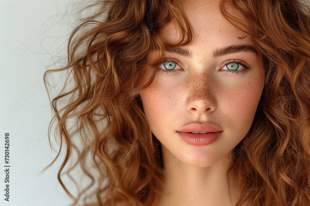 A young Caucasian woman with smooth skin, wavy hair and sensual lips radiates beauty and elegance.