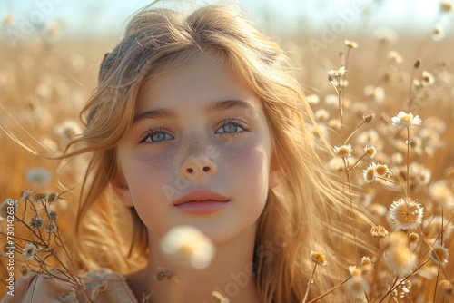 A girl with flowing blond hair enjoys the beauty of nature, personifying freedom and carefree happiness.
