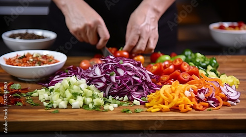 Close up of a chef s hands cutting vegetables in the kitchen