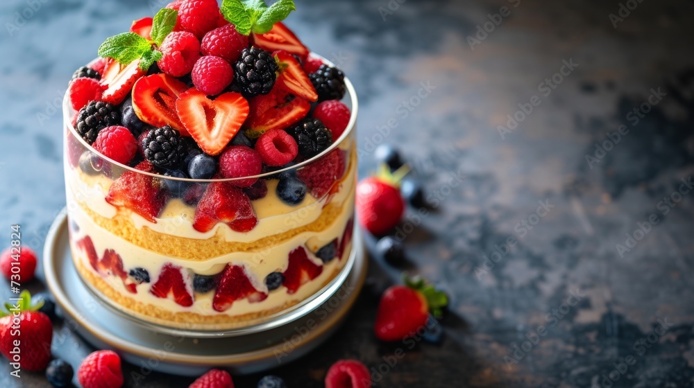 A vibrant berry trifle, showcasing layers of sponge cake, custard, and fresh berries A vibrant berry trifle, showcasing layers of sponge cake, custard, and fresh berries