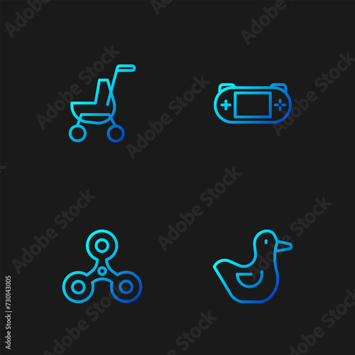 Set line Rubber duck, Fidget spinner, Baby stroller and Portable video game console. Gradient color icons. Vector