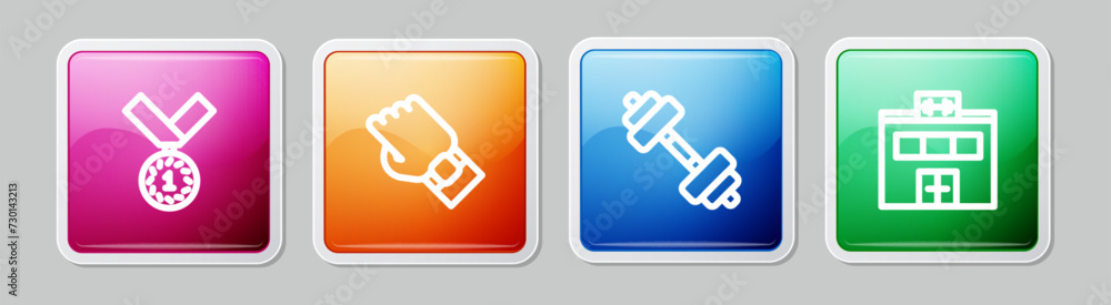 Set line Medal, Smart watch on hand, Dumbbell and Gym building. Colorful square button. Vector Set line Medal, Smart watch on hand, Dumbbell and Gym building. Colorful square button. Vector