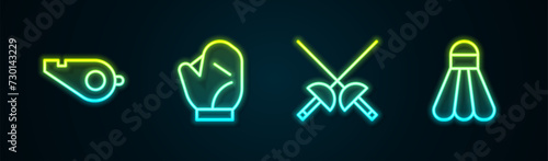 Set line Whistle, Baseball glove, Fencing and Badminton shuttlecock. Glowing neon icon. Vector