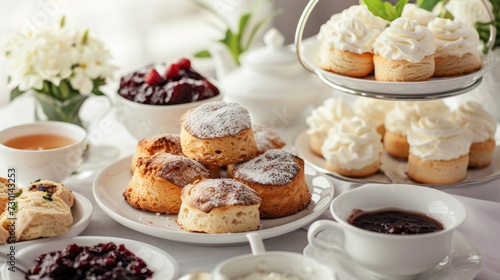 A traditional British afternoon tea spread, complete with scones, clotted cream, and jam