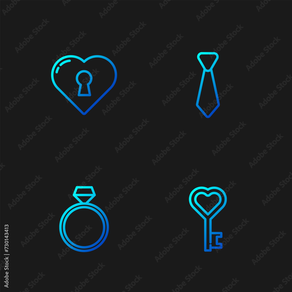 Set line Key in heart shape, Diamond engagement ring, Heart with keyhole and Tie. Gradient color icons. Vector Set line Key in heart shape, Diamond engagement ring, Heart with keyhole and Tie. Gradient color icons. Vector