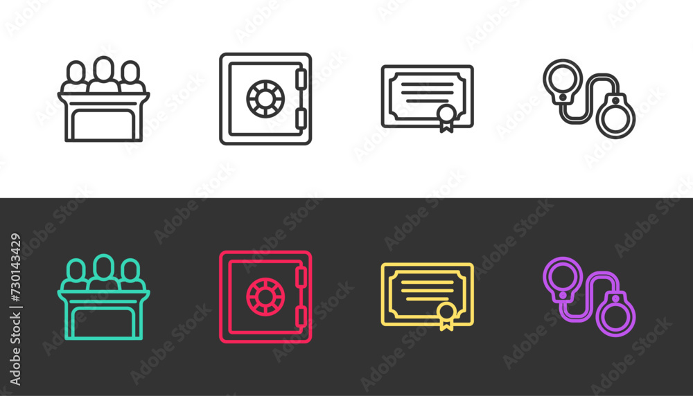 Set line Jurors, Safe, Certificate template and Handcuffs on black and white. Vector Set line Jurors, Safe, Certificate template and Handcuffs on black and white. Vector