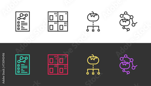 Set line Clinical record, Periodic table, Genetically modified food and on black and white. Vector