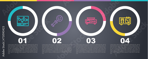 Set line Chemical formula, Microorganisms under magnifier, Electronic scales and Spectrometer. Business infographic template. Vector