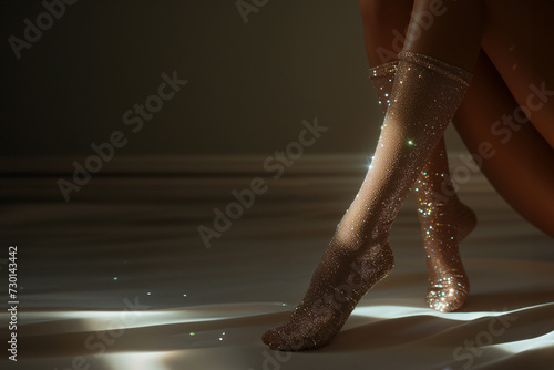 Socks with rhinestones on a woman's legs, studio shot with copy space photo