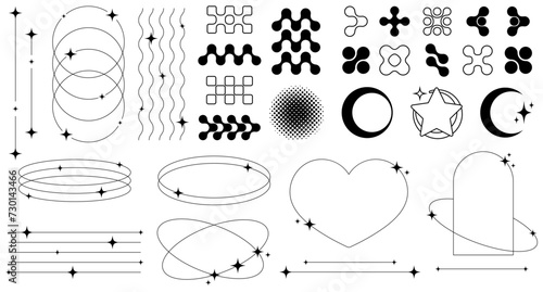 Set of abstract retro futuristic elements and shapes and aesthetic line frames boho, brutalism, Y2K style.Geometric elements with sparkles for template social media, poster, banner, logo, stickers