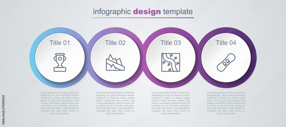 Set line Award cup, Mountain descent, Route location and Snowboard. Business infographic template. Vector Set line Award cup, Mountain descent, Route location and Snowboard. Business infographic template. Vector