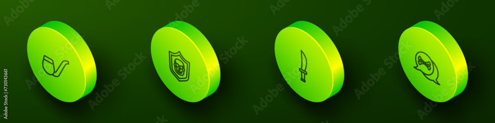 Set Isometric line Smoking pipe, Shield with pirate skull, Pirate sword and Location icon. Vector Set Isometric line Smoking pipe, Shield with pirate skull, Pirate sword and Location icon. Vector