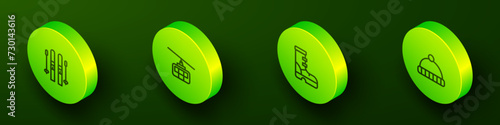Set Isometric line Ski and sticks, Cable car, Waterproof rubber boot and Winter hat icon. Vector