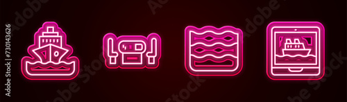 Set line Cruise ship, Poker table, Wave and . Glowing neon icon. Vector