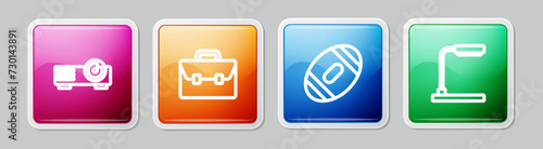 Set line Movie, film, media projector, Briefcase, American Football ball and Table lamp. Colorful square button. Vector