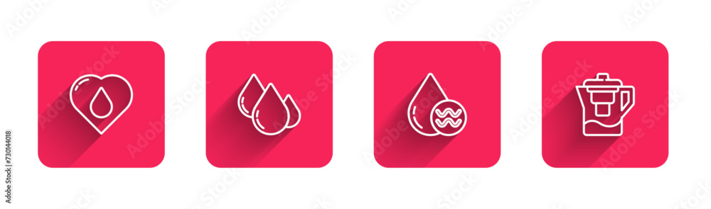 Set line Heart with water drop, Water, Recycle clean aqua and jug filter with long shadow. Red square button. Vector Set line Heart with water drop, Water, Recycle clean aqua and jug filter with long shadow. Red square button. Vector