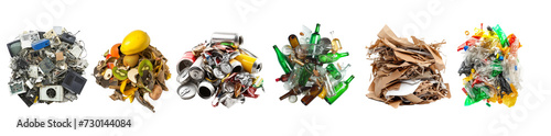Sort the waste for recycling. Plastic, glass, paper, electronics, food organic wastes isolated on transparent background