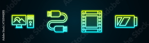 Set line Photo retouching, USB cable cord, Camera roll cartridge and Battery for camera. Glowing neon icon. Vector