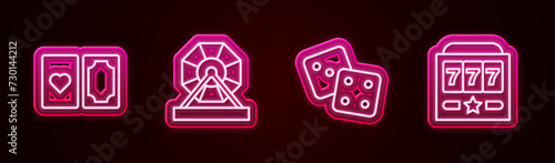 Set line Deck of playing cards, Lottery machine, Game dice and Slot with jackpot. Glowing neon icon. Vector