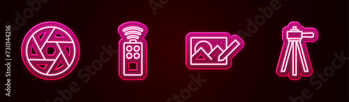Set line Camera shutter, Remote control for camera, Photo retouching and Tripod. Glowing neon icon. Vector