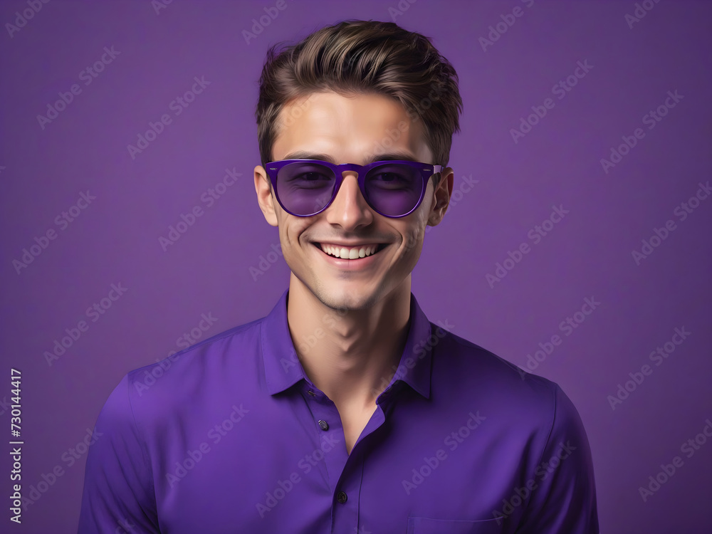 smiling man in sunglasses purple monochrome color portrait