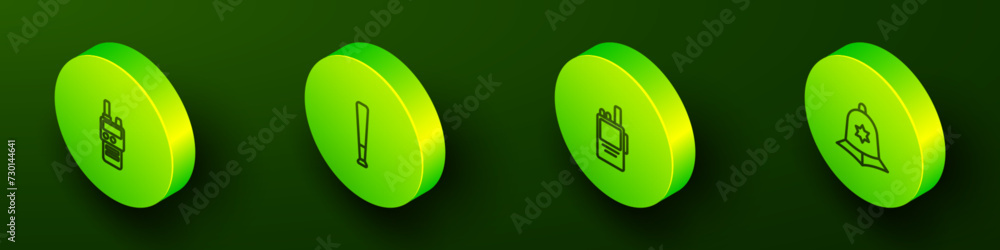 Set Isometric line Walkie talkie, Baseball bat, and British police helmet icon. Vector Set Isometric line Walkie talkie, Baseball bat, and British police helmet icon. Vector