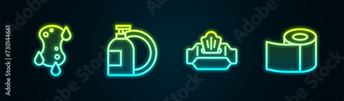Set line Sponge, Dishwashing liquid bottle, Wet wipe pack and Toilet paper roll. Glowing neon icon. Vector