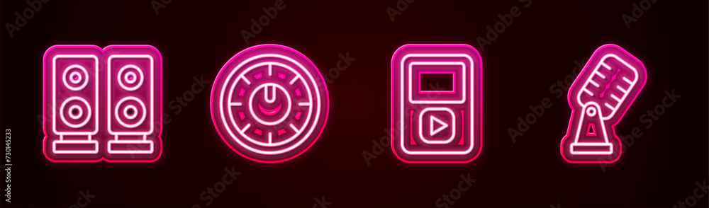 Set line Stereo speaker, Sound mixer controller, Music player and Microphone. Glowing neon icon. Vector Set line Stereo speaker, Sound mixer controller, Music player and Microphone. Glowing neon icon. Vector