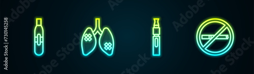 Set line Electronic cigarette, Disease lungs, and No smoking. Glowing neon icon. Vector