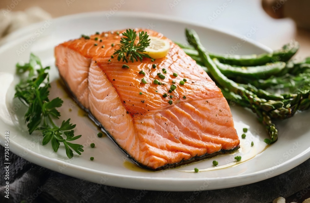Baked salmon on a plate, Scandinavian cuisine with fish, Healthy concept, gluten free and lectin free.