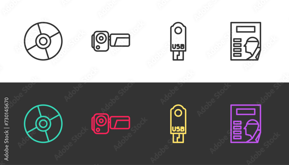 Set line CD or DVD disk, Cinema camera, USB flash drive and poster on black and white. Vector Set line CD or DVD disk, Cinema camera, USB flash drive and poster on black and white. Vector