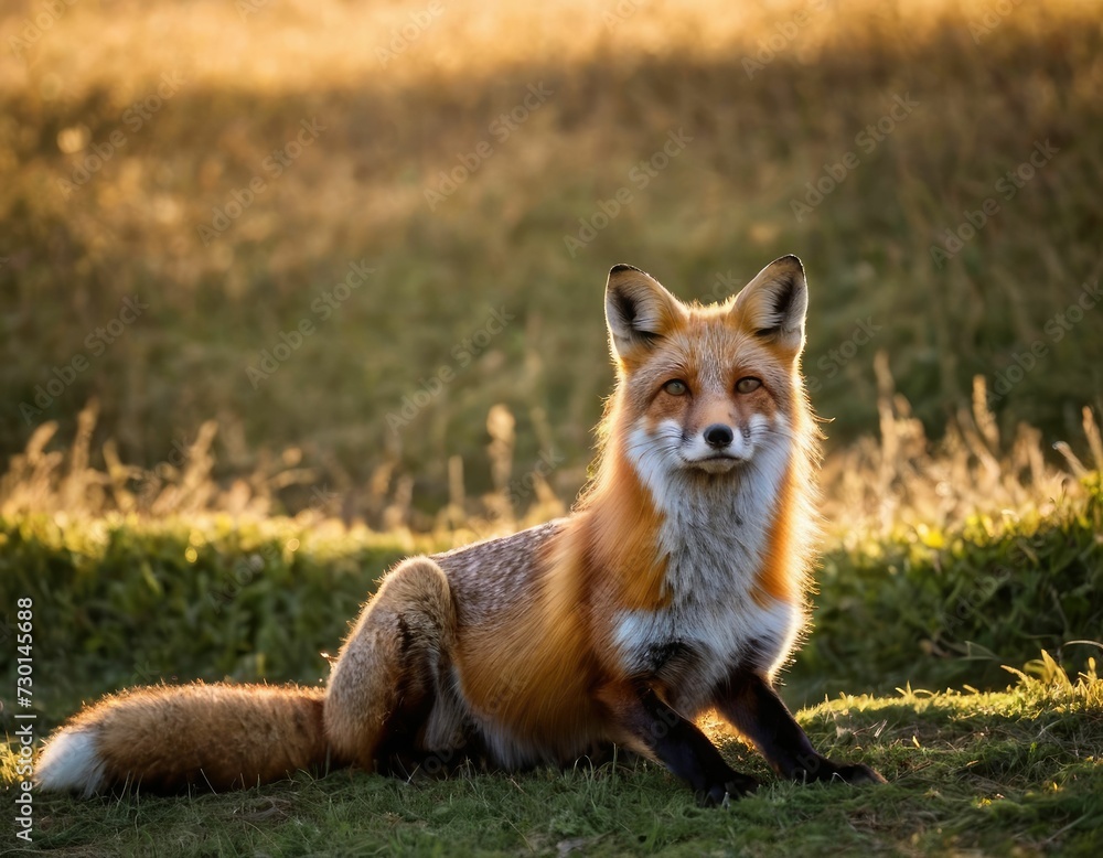 Wild fox among the grass. Close-up. Natural forest habitat with predatory animal.