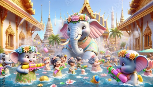 Elephants and children play happily in the water on Songkran Day in Thailand