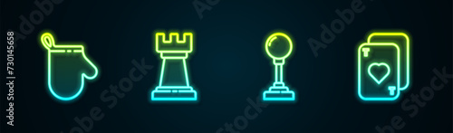 Set line Oven glove, Business strategy, Joystick for arcade machine and Playing cards. Glowing neon icon. Vector photo