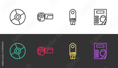 Set line CD or DVD disk, Cinema camera, USB flash drive and poster on black and white. Vector