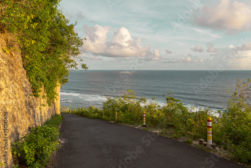 A picturesque curved road flanked by lush greenery leads to a tranquil ocean view. Safety poles line the path, guiding the way to the serene waters under a sky dotted with soft clouds.
