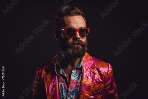 Bearded man in red sunglasses and a colorful shirt on a black background