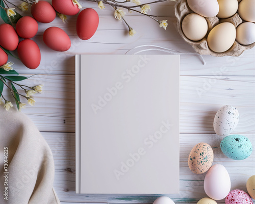Minimal Easter and spring background with blank harcover book on a white wooden table with colorful easter eggs and flowers. Vintage-inspired cabincore photo