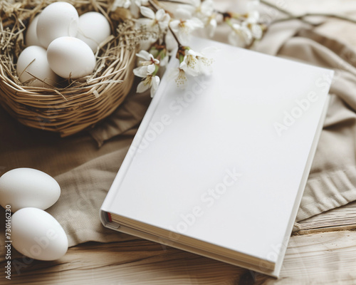 Minimal Easter and spring background with blank harcover book on a table with easter eggs and flowers.  Light beige and white. Vintage-inspired cabincore photo