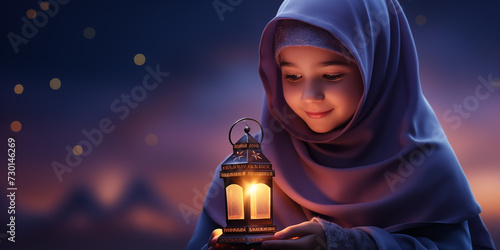 Ramadan banner with cute girl in shayla holding arabic lantern with copyspace. Ramadan celebration concept. Shallow depth of field.