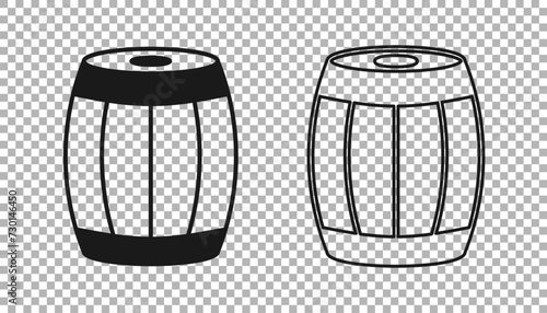 Black Wooden barrel icon isolated on transparent background. Alcohol barrel, drink container, wooden keg for beer, whiskey, wine. Vector