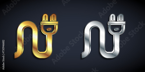 Gold and silver Electric plug icon isolated on black background. Concept of connection and disconnection of the electricity. Long shadow style. Vector