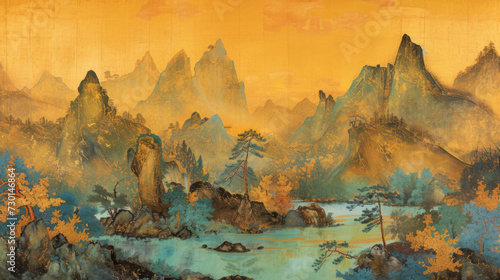 The Song Dynasty style Chinese ink painting depicts a thousand miles of rivers and mountains. photo