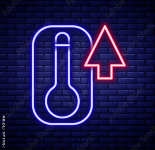 Glowing neon line Meteorology thermometer measuring heat and cold icon isolated on brick wall background. Thermometer equipment showing hot or cold weather. Colorful outline concept. Vector