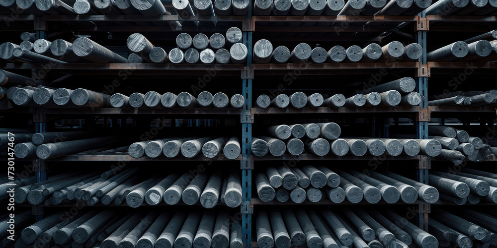 Metal bars stacked on a storage unit. Background to the metal fabrication industry. Close-up Steel rods in warehouse shelving.