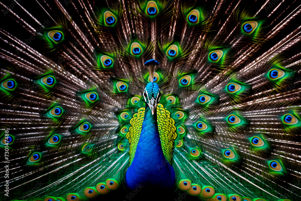 Fototapeta premium Close up of a beautiful peacock. Wildlife bird portrait with feathers out