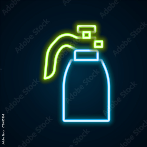 Glowing neon line Garden sprayer for water, fertilizer, chemicals icon isolated on black background. Colorful outline concept. Vector