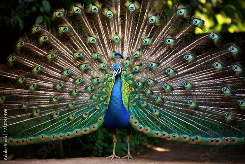 Close up of a beautiful peacock. Wildlife bird portrait with feathers out