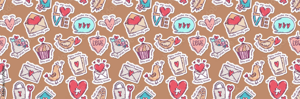 The love theme doodle style seamless pattern, Valentines Day hand-drawn color icons with a simple engraving retro effect. Romantic mood, cute symbols and elements backgrounds collection.