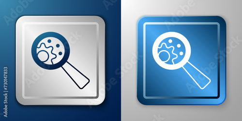 White GMO icon isolated on blue and grey background. Genetically modified organism acronym. Dna food modification. Silver and blue square button. Vector